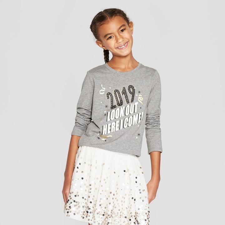 Girls' Long Sleeve 2019 Graphic T-shirt - Cat & Jack Heather Gray