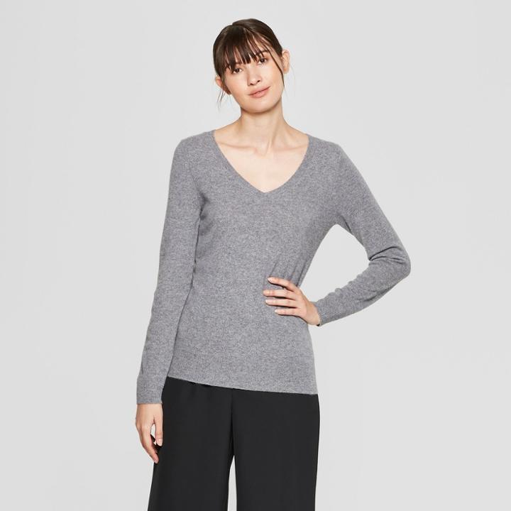 Women's Long Sleeve V-neck Cashmere Pullover Sweater - Prologue Gray
