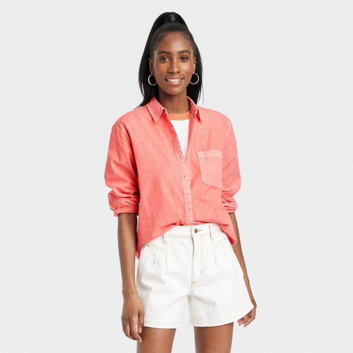 Women's Long Sleeve Classic Fit Button-down Shirt - Universal Thread Coral Red