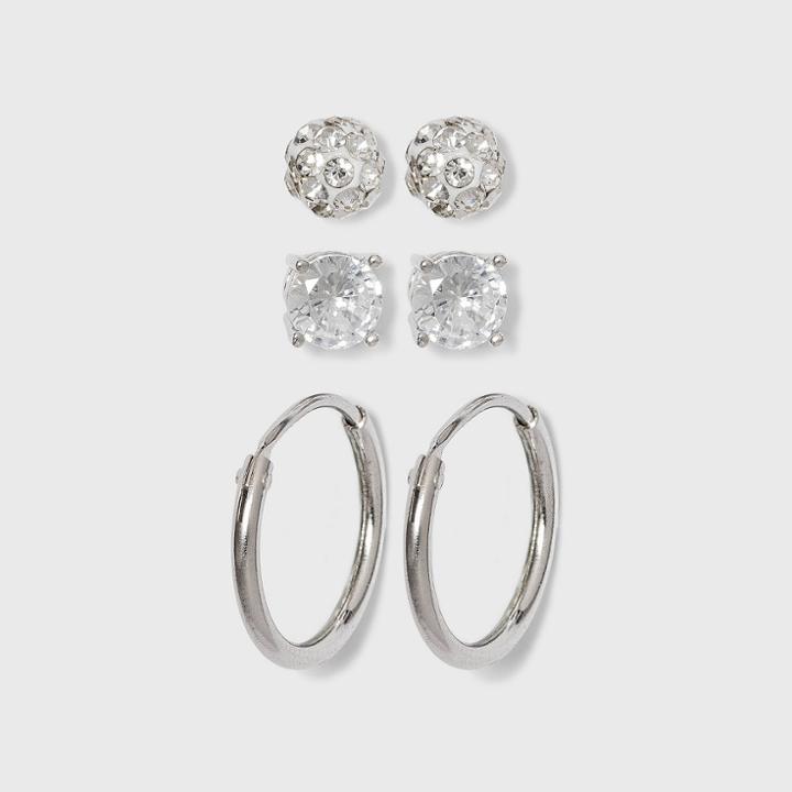 Women's Sterling Silver Crystal Fireball Stud Earrings And Endless Hoop Earring Set 3pc - A New Day