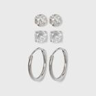 Women's Sterling Silver Crystal Fireball Stud Earrings And Endless Hoop Earring Set 3pc - A New Day