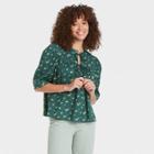 Women's Puff Short Sleeve Tie Neck Blouse - Universal Thread Dark Green Floral