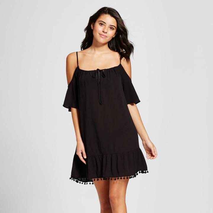 Women's Pom Pom Trim Cold Shoulder Cover Up - Cover 2 Cover Black