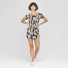 Women's Floral Print Short Sleeve Off The Shoulder Smocked Waist Romper - Xhilaration Navy (blue)