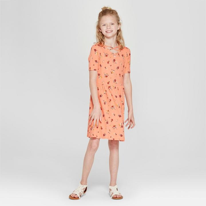 Girls' Front Criss Cross Short Sleeve Dress - Art Class Coral