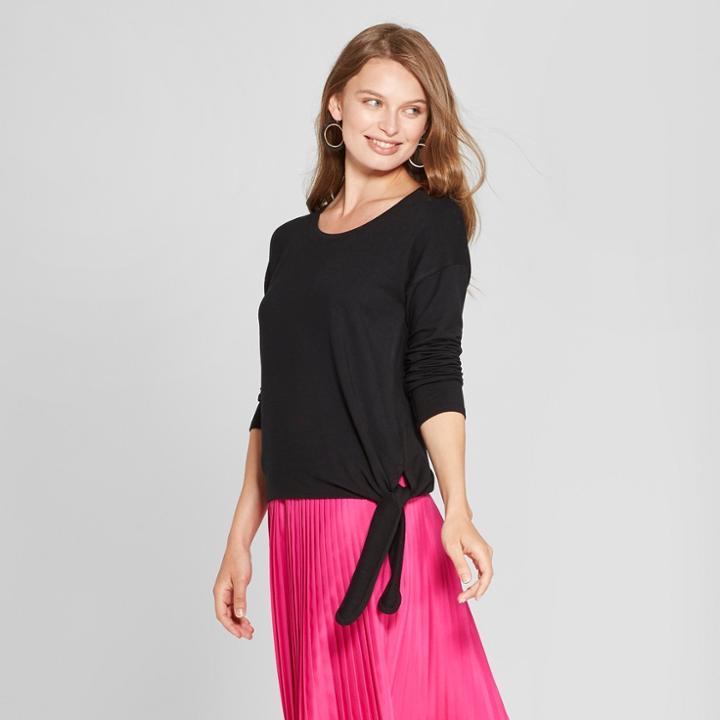 Women's Long Sleeve Side-tie Top - A New Day Black