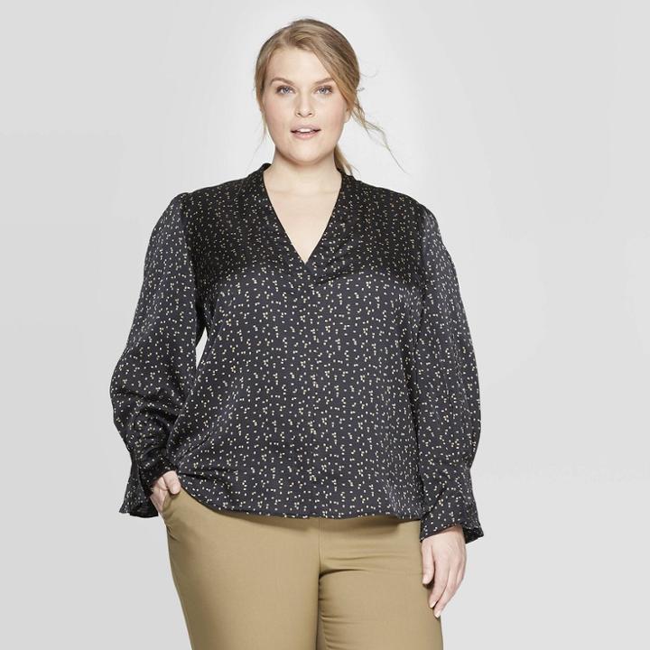 Women's Plus Size Long Sleeve V-neck Pleated Sleeve Blouse - Prologue Black X