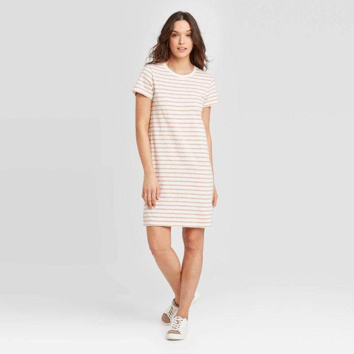 Women's Striped Short Sleeve Mini T-shirt Dress - Universal Thread Brown