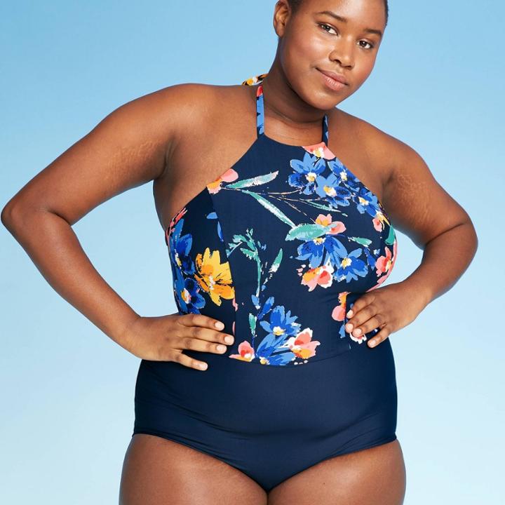 Women's Plus Size High-neck One Piece Swimsuit - Sea Angel Navy Floral 1x, Women's, Size: