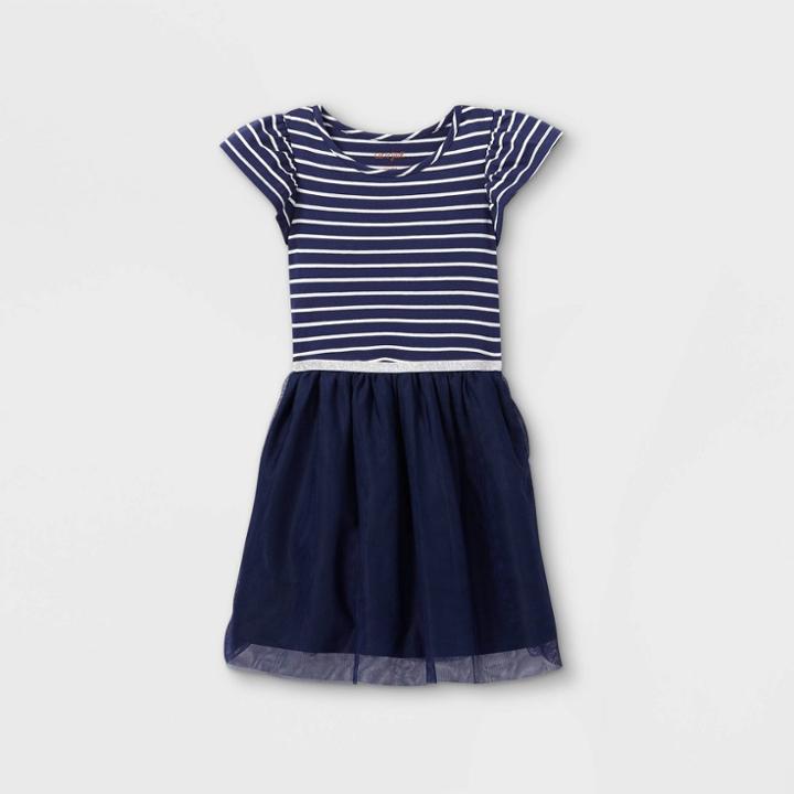 Girls' Striped Tulle Short Sleeve Dress - Cat & Jack Blue
