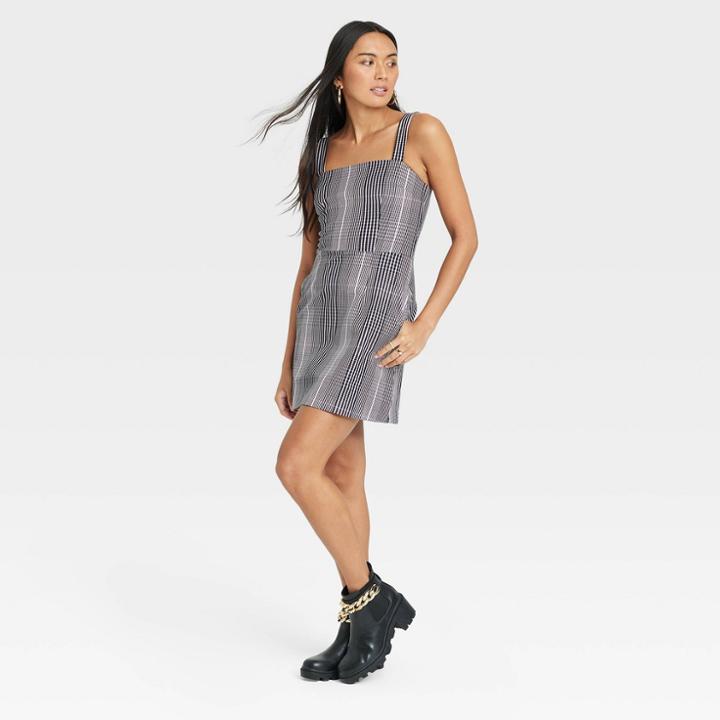 Women's Sleeveless Menswear Dress - A New Day Black Plaid