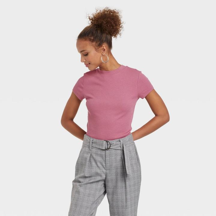 Women's Short Sleeve Ribbed T-shirt - A New Day Rose Pink
