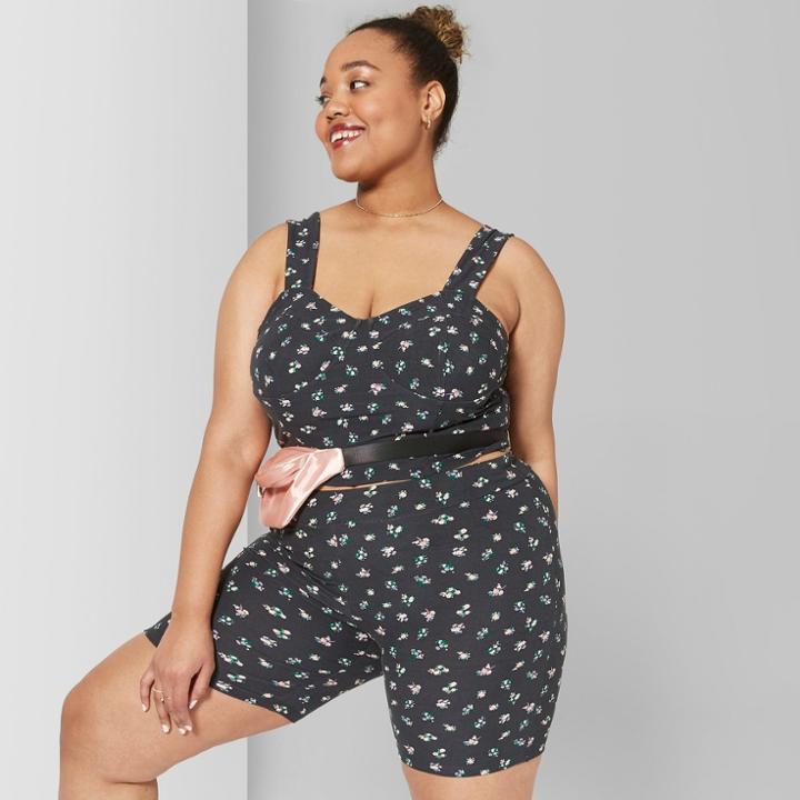 Women's Plus Size Floral Print Strappy Knit Cropped Tank Top - Wild Fable Black