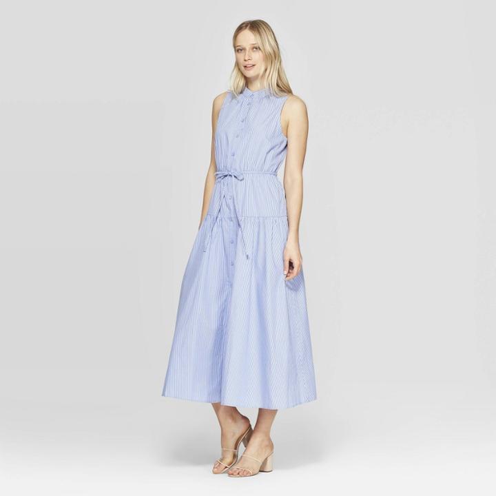 Women's Pinstripe Sleeveless High Neck Button Front Dress - Who What Wear Blue