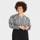 Women's Plus Size Gingham Check Long Sleeve Smocked Poplin Top - A New Day Black/white