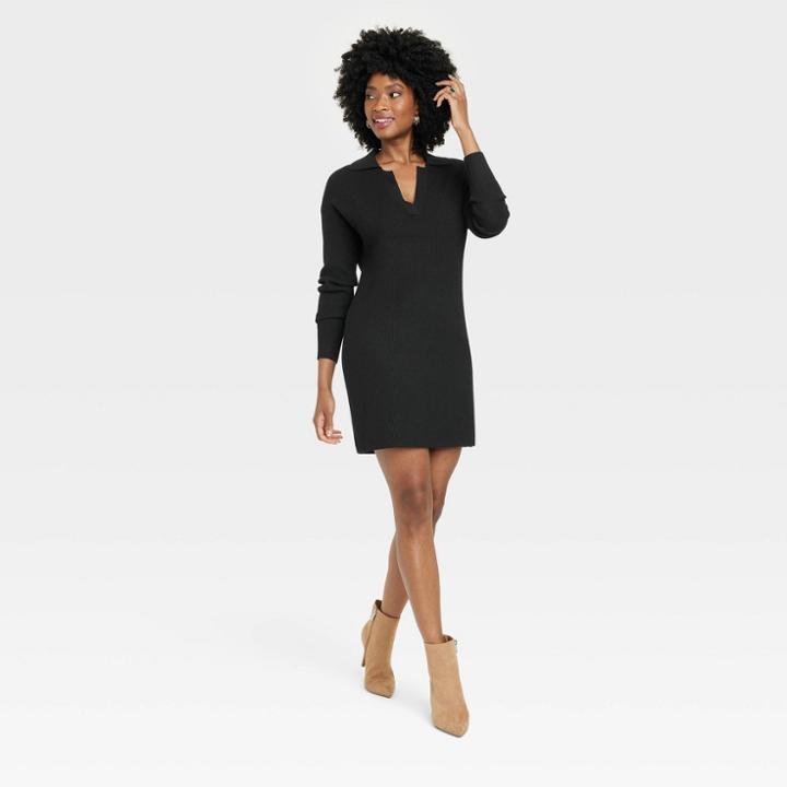 Women's Long Sleeve Polo Sweater Dress - A New Day Black