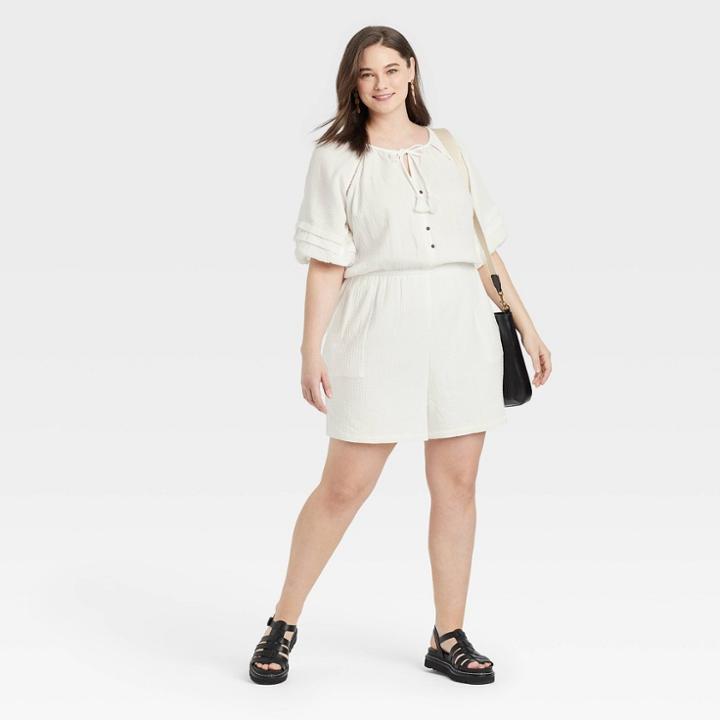 Women's Plus Size Short Sleeve Gauze Romper - Knox Rose White