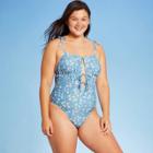 Juniors' Cinch-front Cut Out One Piece Swimsuit - Xhilaration Blue Floral D/dd Cup