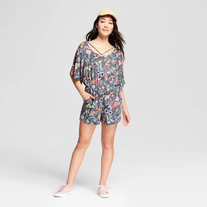 Women's Floral Print Short Sleeve Strappy Neck Knit Romper - Xhilaration Gray Xs, Gray Floral
