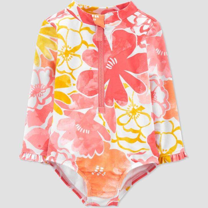 Baby Girls' Floral Print Long Sleeve One Piece Rash Guard - Just One You Made By Carter's Pink