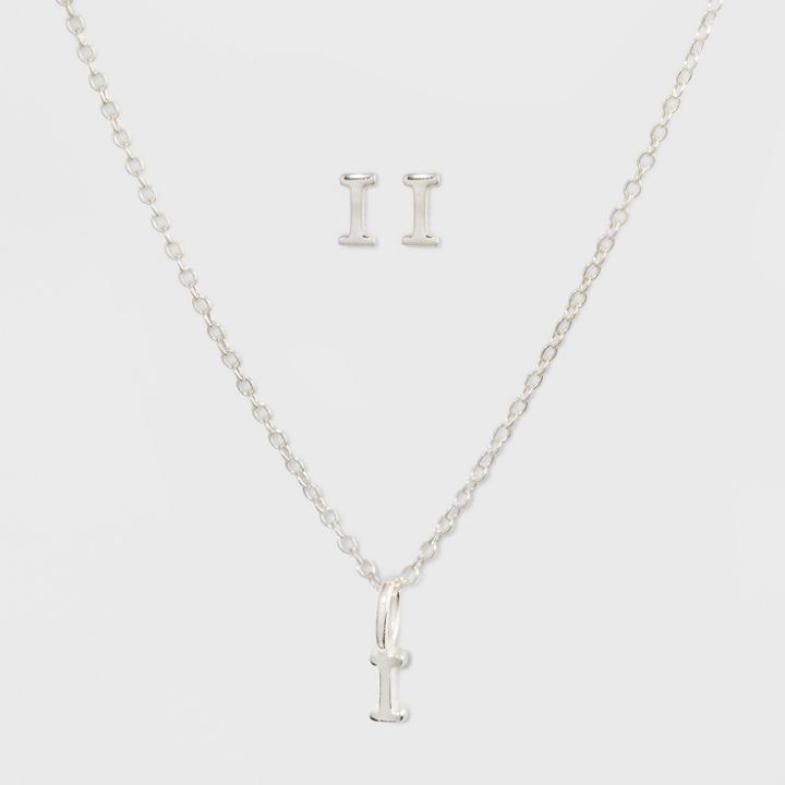 Sterling Silver Initial I Earrings And Necklace Set - A New Day Silver, Girl's,