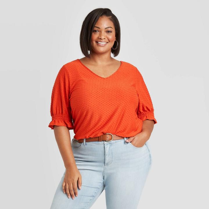 Women's Plus Size Ruffle Short Sleeve Swiss Dot Blouse - Ava & Viv Orange X