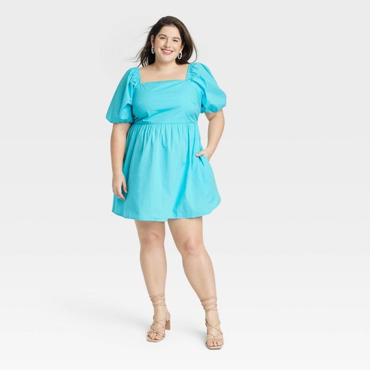 Women's Puff 3/4 Sleeve Dress - A New Day Aqua Blue