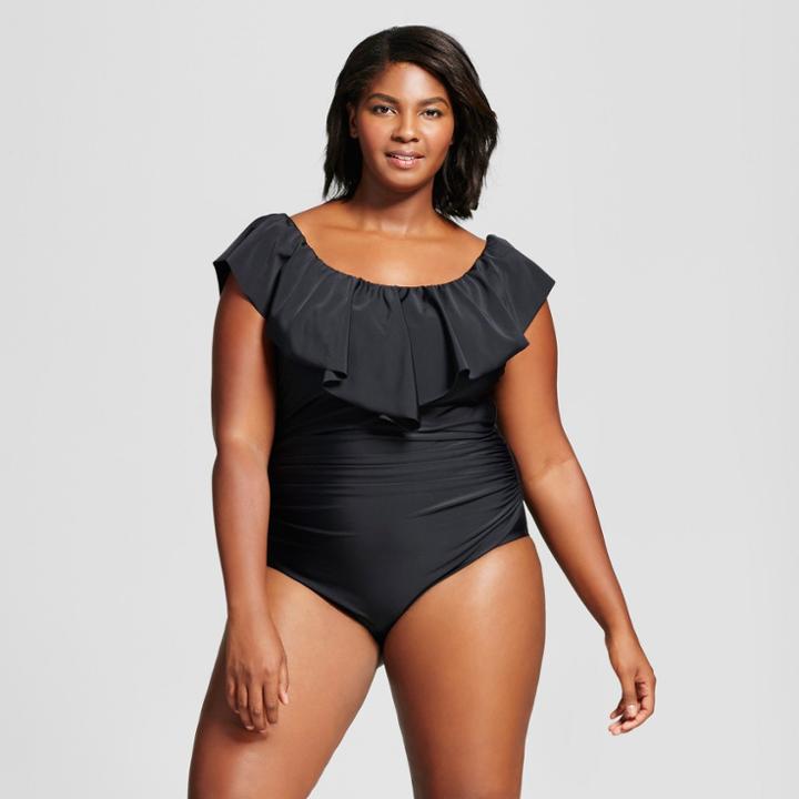 Women's Plus Size Off The Shoulder Flounce One Piece - Ava & Viv Black