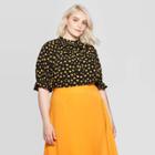 Women's Plus Size Floral Print Elbow Sleeve Ruffled V-neck Blouse - Who What Wear Black