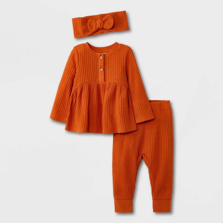 Baby Girls' Cozy Brushed Waffle Top & Bottom Set - Cat & Jack Orange Newborn