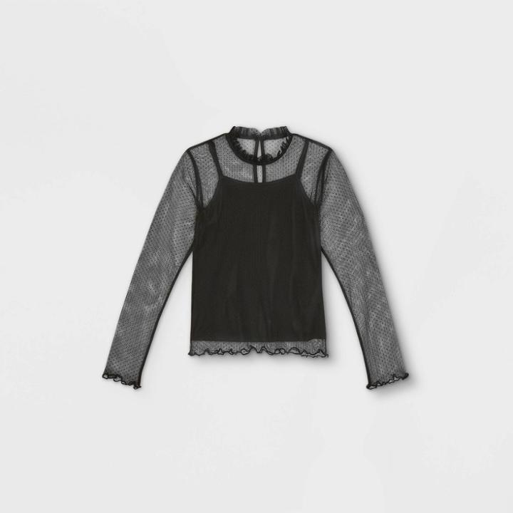 Girls' Swiss Dot Mock Neck Long Sleeve Blouse - Art Class Black