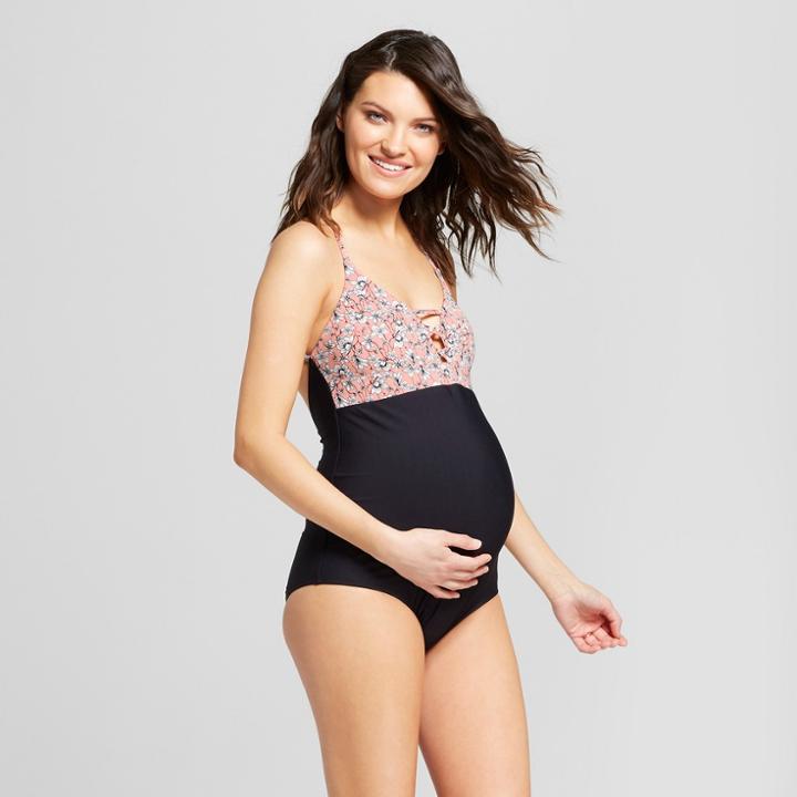 Maternity Lace-up One Piece Swimsuit - Sea Angel - Pink Floral Xl, Women's, Black Pink