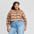 Women's Plus Size Plaid Long Sleeve Crewneck Popover Dressy Top - Universal Thread Brown X, Women's