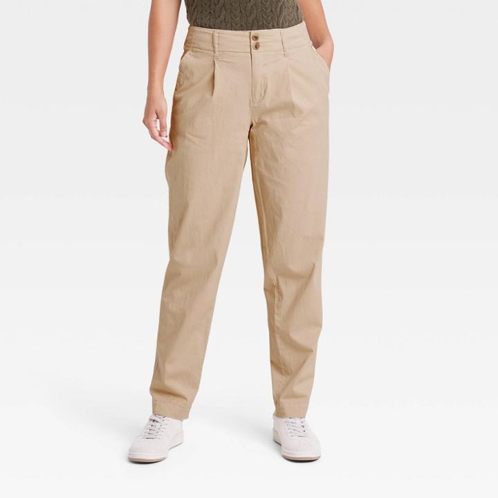 Women's High-rise Pleat Front Tapered Chino Pants - A New Day Tan