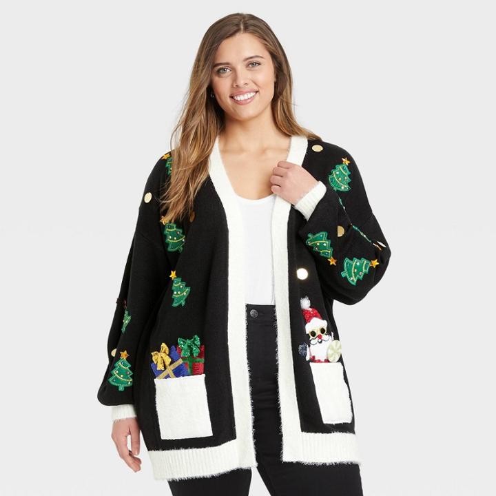 33 Degrees Women's Plus Size Ugly Christmas Trees Graphic Cardigan - Black