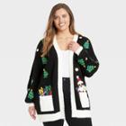 33 Degrees Women's Plus Size Ugly Christmas Trees Graphic Cardigan - Black