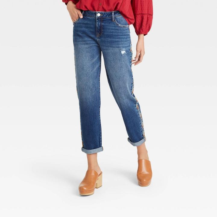 Women's Mid-rise Straight Leg Embroidered Jeans - Knox Rose Dark Wash
