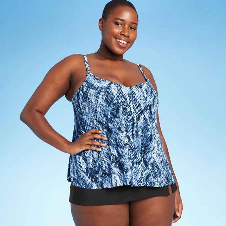 Women's Plus Size Strap Detail V-neck Tankini Top - Aqua Green Blue