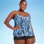 Women's Plus Size Strap Detail V-neck Tankini Top - Aqua Green Blue