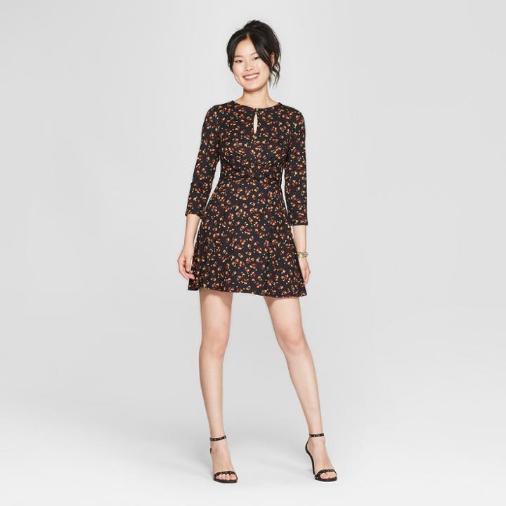 Women's Floral Print 3/4 Sleeve Cross Front Knit Dress - Lily Star (juniors') Black/rust/gold