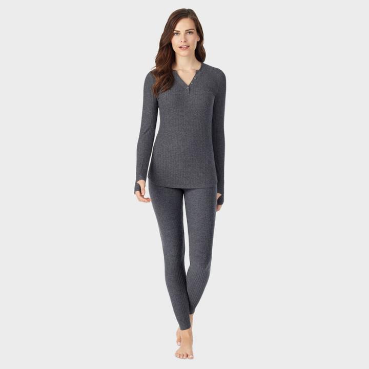 Warm Essentials By Cuddl Duds Women's Soft Ribbed Thermal Henley Shirt - Charcoal Heather