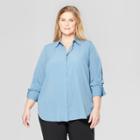 Women's Plus Size Long Sleeve Essential Button Down Blouse - Prologue Blue