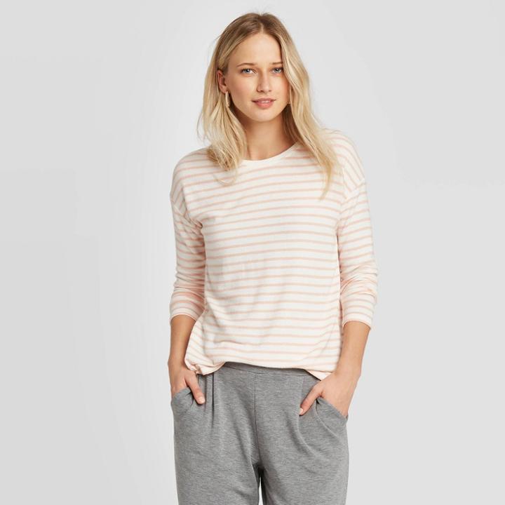 Women's Striped Long Sleeve Crewneck T-shirt - A New Day Cream Xs, Women's, Ivory