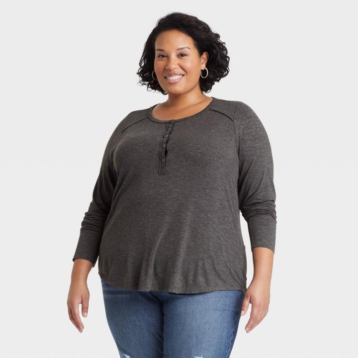 Women's Plus Size Long Sleeve Henley T-shirt - Knox Rose Heather Gray