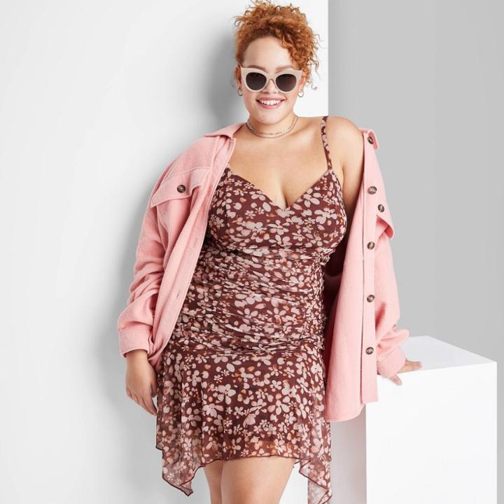 Women's Plus Size Sleeveless Ruched Handkerchief Hem Dress - Wild Fable Brown Floral