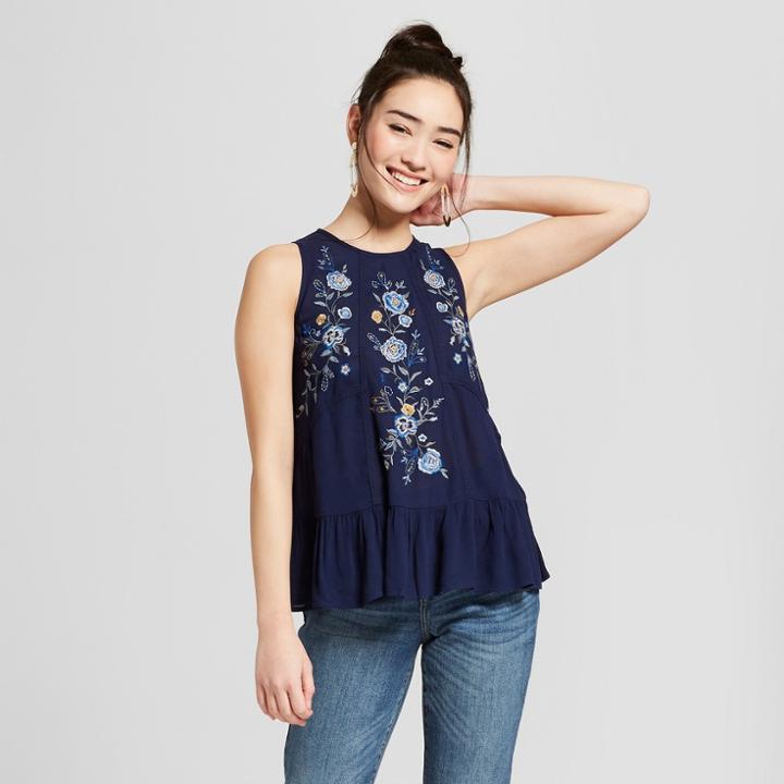 Women's Sleeveless Embroidered Peplum Tank - Xhilaration Navy (blue)