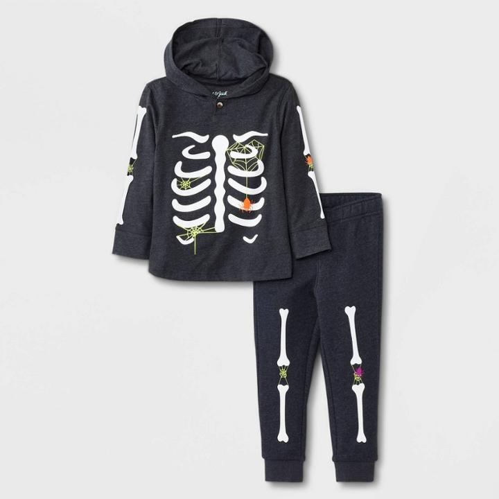 Toddler Boys' Halloween Skeleton Long Sleeve Hooded Jersey T-shirt And Fleece Jogger Set - Cat & Jack Black