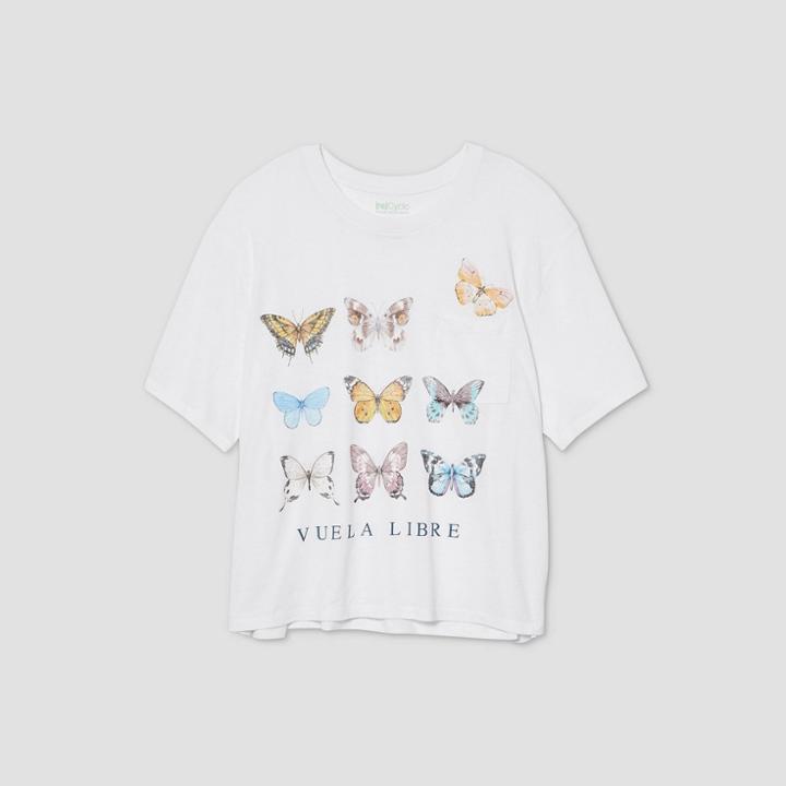 Recyclo Women's Plus Size Butterfly Short Sleeve Boxy Cropped Graphic T-shirt - White