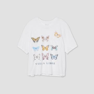 Recyclo Women's Plus Size Butterfly Short Sleeve Boxy Cropped Graphic T-shirt - White