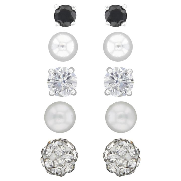 Distributed By Target Button Earrings Sterling Cubic Zirconia/crystal And Pearl - 5pk - Silver/white/black